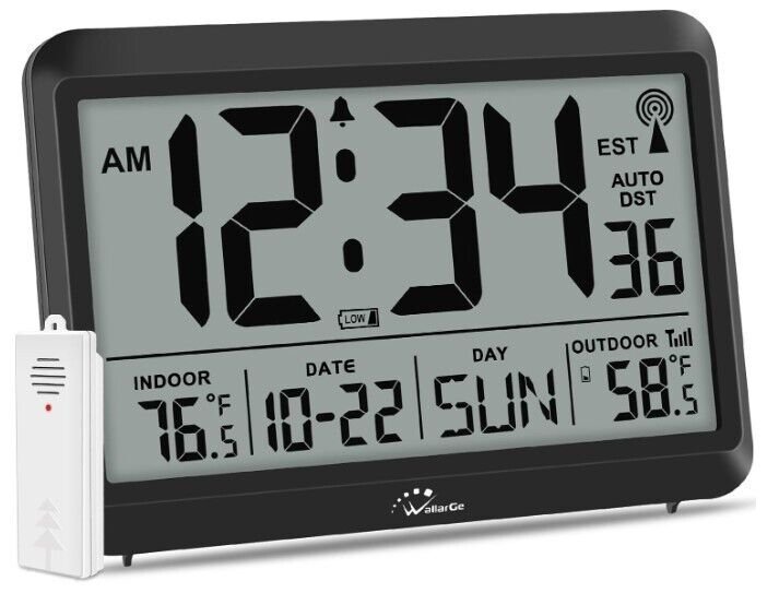 Atomic Clock with Indoor Outdoor Temperature, Self-Setting Digital Wall Clock Ba