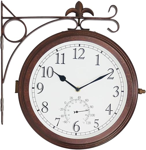 BESTIME 66276A Double Sided Metal Wall Clock.Dial: 10-Inch,Thermometer, Quiet,Easy Read,Retro Station,Antique Hanging Clocks for Garden,Home Decor,Indoor,Outdoor,Living Room.