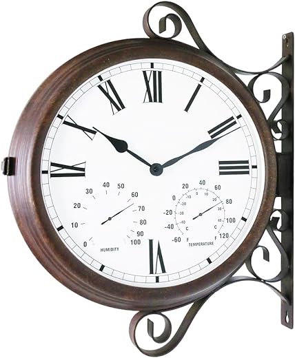 BESTIME MT-32 Three-in-one Double Sided Metal Wall Clock.Quiet,Easy Read,Antique Hanging Clocks,Garden,Indoor,Outdoor,Home Décor,Farmhouse,Station.