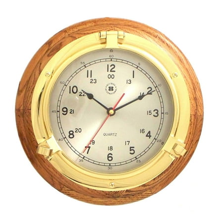 Bey-Berk International Brass Porthole Clock on Oak - Tarnish Proof