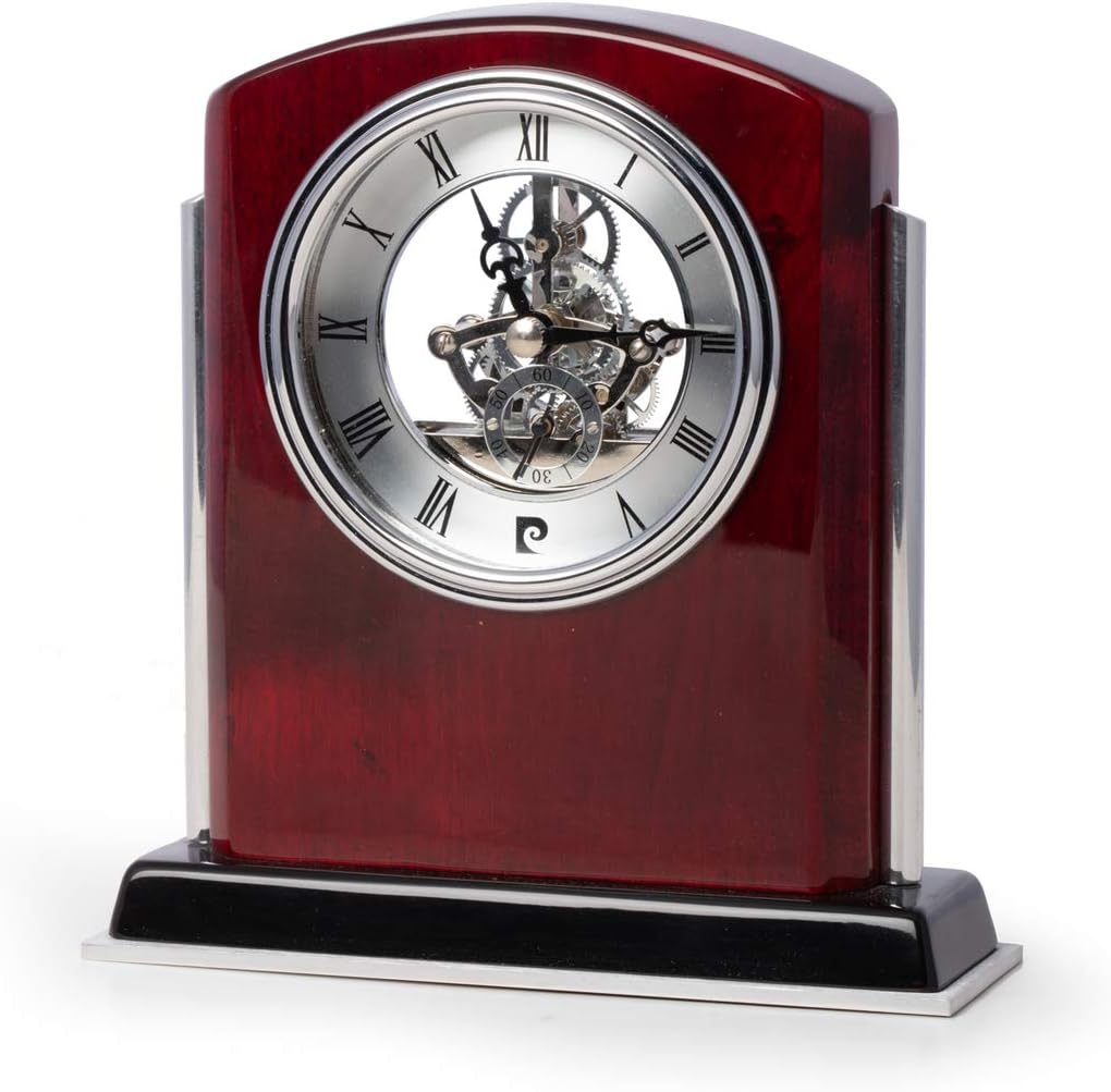 Bey-Berk Lacquered Mahogany Wood Skeleton Clock w/Stainless Steel