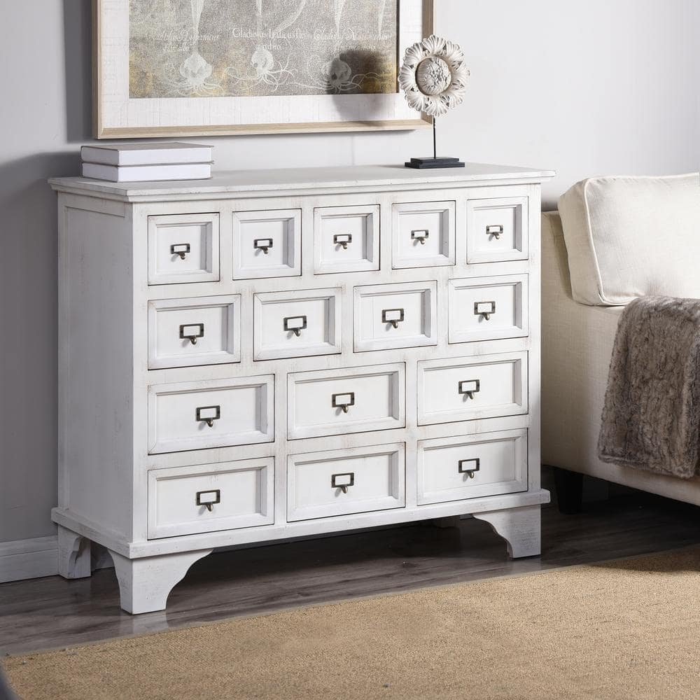 Brass and Antique White Shabby Chic 15-Drawer Apothecary Cabinet