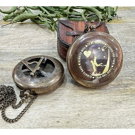 Brass Nautical Sundial Compass with Leather Case and Chain - Push Open Steampunk Accessory, Unique Gift for Men - Beautiful Handmade Sundial Clock to My Husband