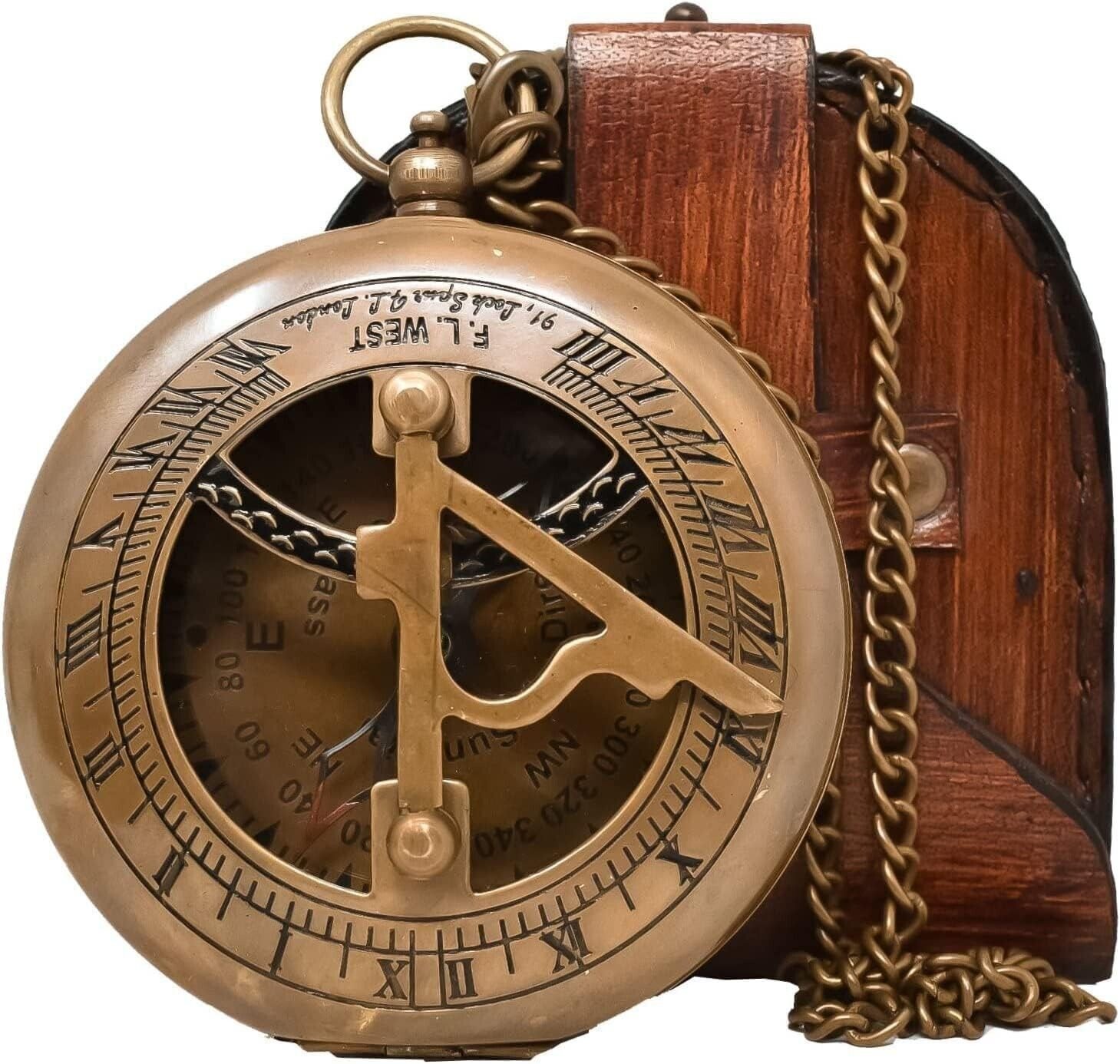 Brass Sundial Compass Unique Gift for Men with Leather Case and Chain