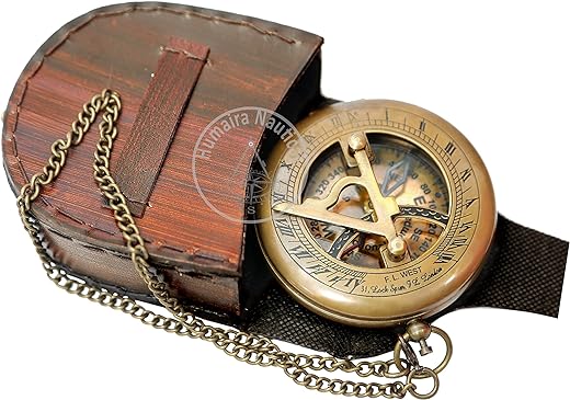 Brass Sundial Compass with Leather Case and Chain - Push Open Compass - Steampunk Accessory - Antiquated Finish - Beautiful Handmade Gift -Sundial Clock