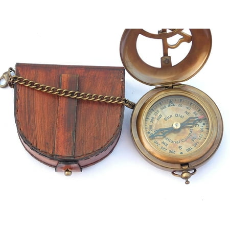 Brass Sundial Compass with Leather Case and Chain - Push Open NAUTICAZ Compass - Steampunk Accessory - Antiquated Finish - Beautiful Handmade Gift -Sundial Clock