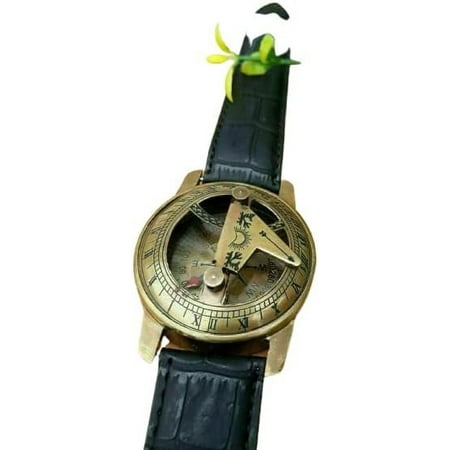 Brass Sundial Watch Steampunk Antique Nautical Style Leather Strap Beautiful Gift Items