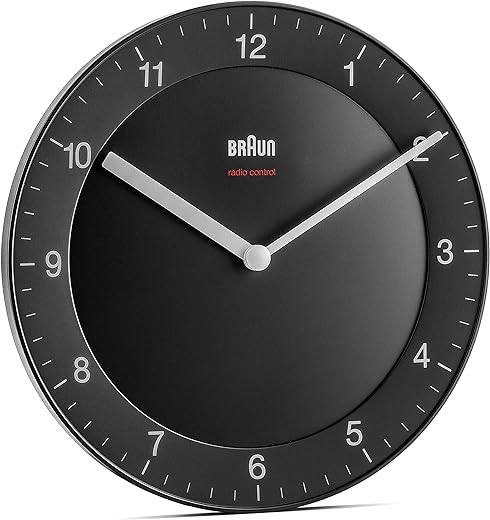 Braun Classic Radio Controlled Wall Clock for Central European Time Zone (DCF/GMT+1) with Quiet Movement, Easy to Read, 20cm Diameter in Black, Model BC06B-DCF, One Size