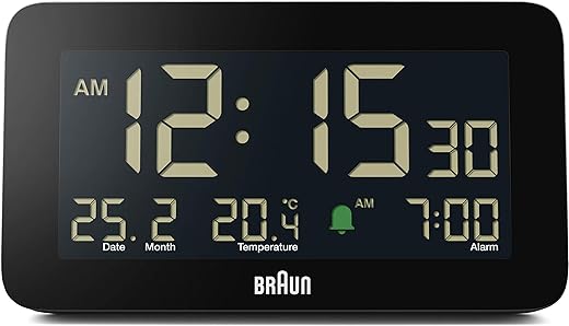 Braun Digital Alarm Clock with Date, Month and Temperature Displayed, Negative LCD Display, Quick Set, Crescendo Beep Alarm in Black, Model BC10B (1-Pack)