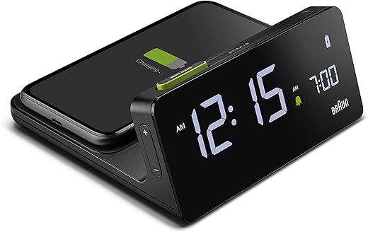 Braun Digital Alarm Clock with VA LCD Display, 10W Qi Wireless Fast-Charging Pad, Automatic Backlight Adjustment, Quick Set, Beep Alarm in Black, Model BC21B.