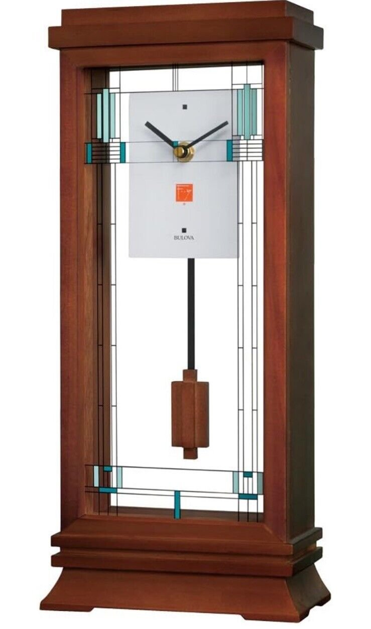 BULOVA B1839 WILLITS FRANK LLOYD WRIGHT 14" MANTEL PENDULUM CLOCK, WALNUT FINISH