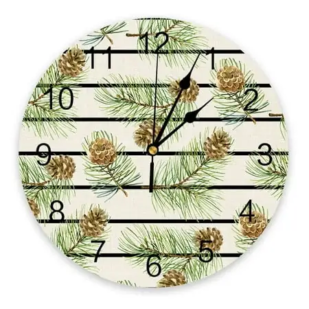 Christmas Stripes Pine Needles Pine Cones Round Wall Clock Modern Design Kitchen Hanging Watch Home Decor Silent Wall Watch