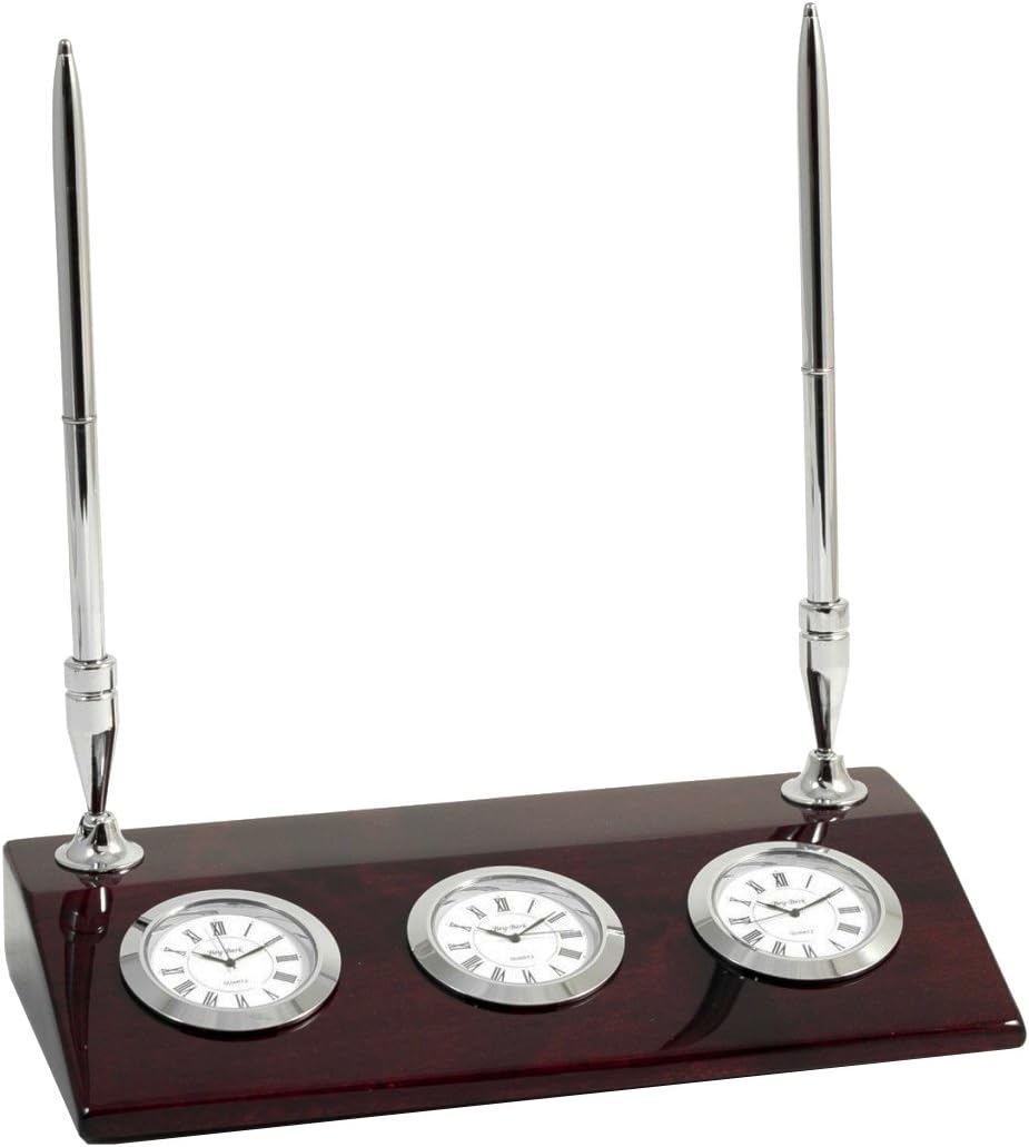 Chrome Three Time Zone Desk Clock w/ Two Pens on Rosewood Base