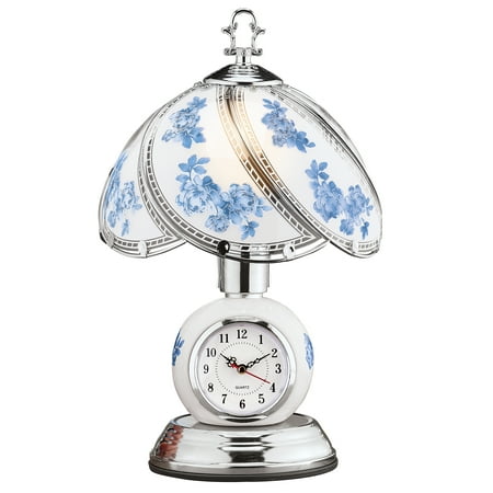 Collections Etc Rose Glass Panel Touch Lamp with Analog Clock - Silver-toned Base - 3 Levels of Brightness - Glass, Metal - 9Dia x 14.5H, 60L Cord - Blue or Lavender