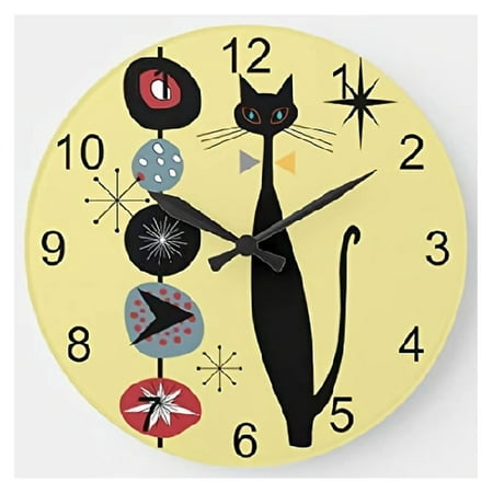 Cool Cat Modern Wall Clock Atomic Century Clock Wall Decor 10 Inch Battery Operated Decorative Wall Clock Silent Round Wood Wall Clock Hanging Clocks for Bedroom Decor Living Room