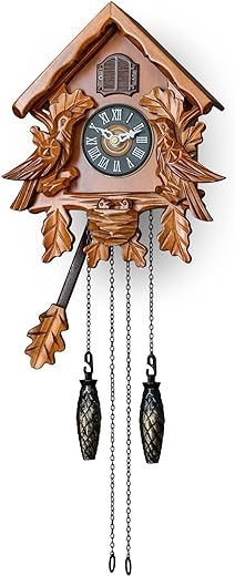 Cuckoo Clock with Night Mode, Singing Bird, Wooden Decorations and Swinging Pendulum (Brown)