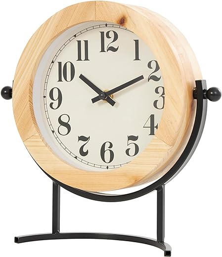 Deco 79 Wood Clock with Curved Black Metal Stand and Ball Details, 10 x 3 x 10, Light Brown