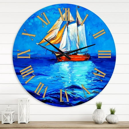 DESIGN ART Designart 'Sailboat Arriving in Blue Sky' Traditional wall clock 36 In. Wide x 36 In. High