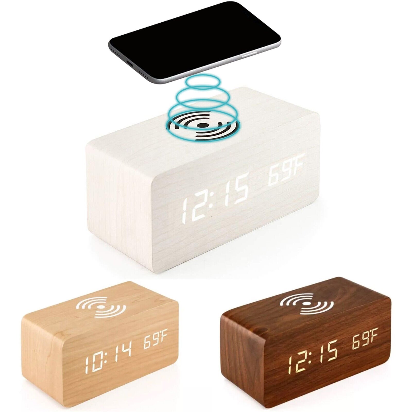 Digital Alarm Clock Wooden Table Desk Bedside LED Clock With Wireless Charger