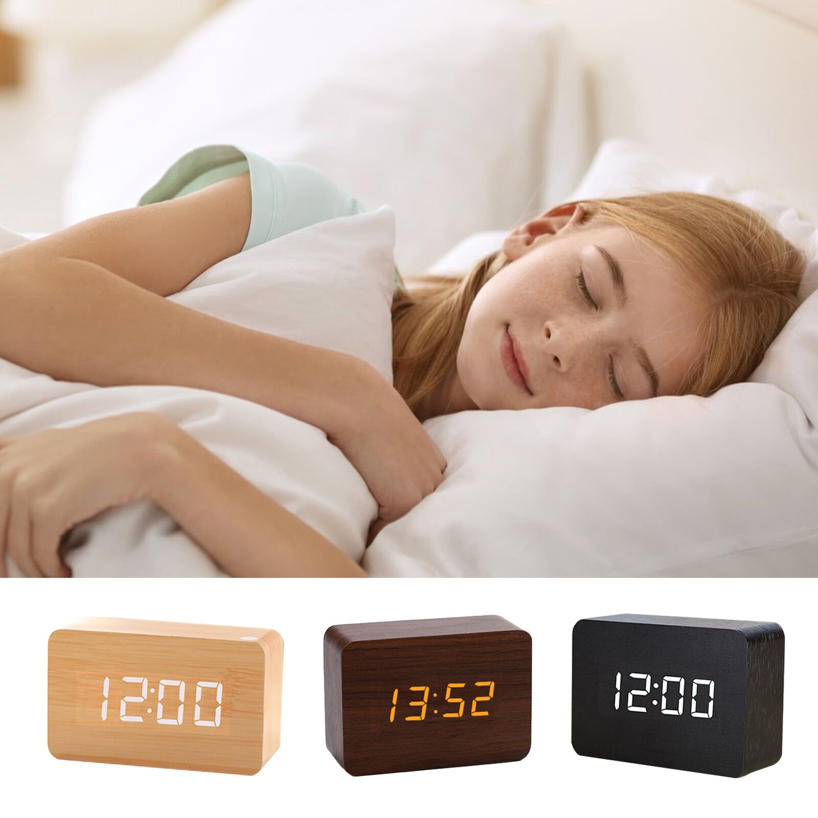Digital Wooden Alarm Clock Electric Bedroom Desk Clock Sound Control For Bedside