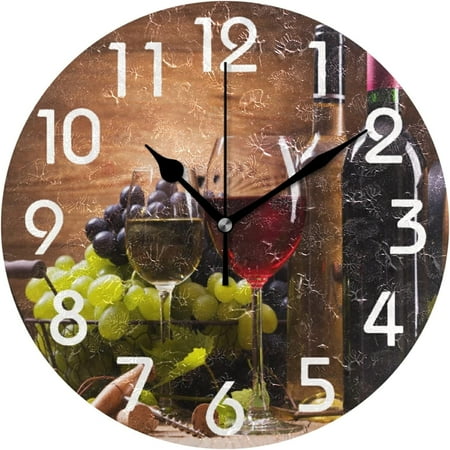 Dreamtimes 3D Glasses of Wine Grapes on Wooden Round Wall Clock, 10 Inch Battery Operated Quartz Analog Quiet Desk Clock for Home,Office,School,Kitchen