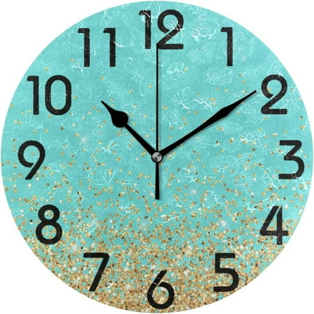 Dreamtimes Stylish Golden Sparkling Glitter Aqua Round Wall Clock, 10 Inch Battery Operated Quartz Analog Quiet Desk Clock for Home,Kitchen,Office,School