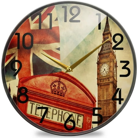 Dreamtimes Vintage London England UK Big Ben Round Wall Clock, 10 Inch Silent Battery Operated Quartz Analog Quiet Desk Clock for Home,Office,School