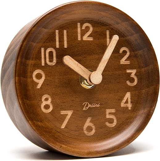 Driini Wooden Analog Desktop Clock – 4.3 in. Decorative Pinewood Clock, No-Tick Design – Easy to Read Silent Sweep Mantle Clock – Quiet Tabletop Clocks with Wood Body, Hands, & Battery Cover; Dark