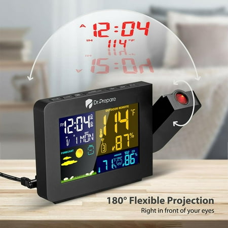 Dr. Prepare Projection Alarm Clock for Bedrooms with Indoor Outdoor Temperature Display/Dimmer/Weather Forecast