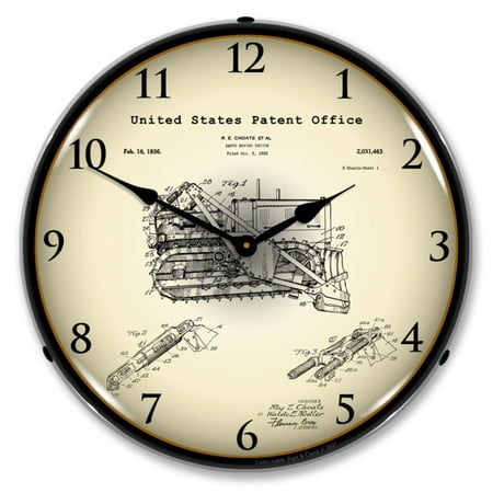 Earth Moving Bulldozer 1936 Patent LED Wall Clock, Retro/Vintage, Lighted, 14 inch