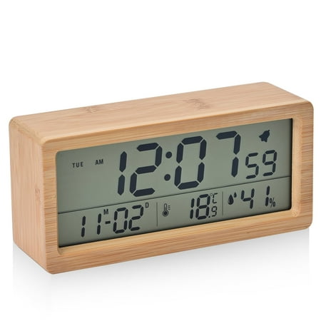 Electime Bamboo Digital Alarm Clock with Calender, Temperature, Humidity and Snooze, Battrey Powered, LCD Screen