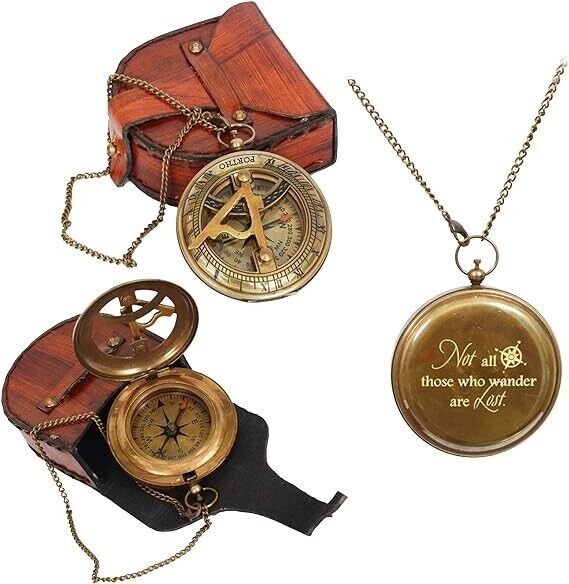 Engraved Sundial Compass with Leather case for Traveler Inspirational Adventurer