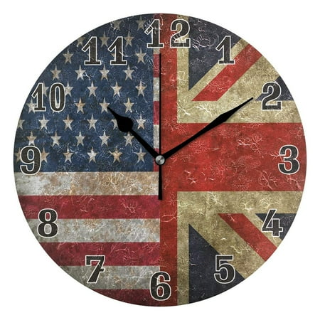 erolrail Vintage British American Flag Round Wall Clock, Silent Non Ticking for Living Room Kids Bedroom Office School Home Decor 12IN