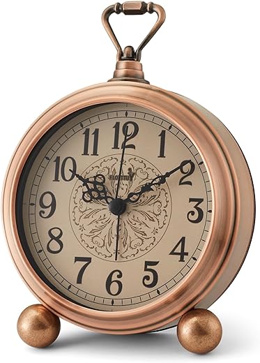 FLOITTUY 4.5 Battery Operated Antique Retro Analog Metal Alarm Clock, Silent Bedside Desk Clock, Wall-Hanging Vintage Clock(Vintage Bronze)