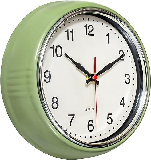 Foxtop Retro Wall Clock 9.5 Inch Green Kitchen 50's Vintage Design Round Silent Non Ticking Decorative Battery Operated Quartz Metal Clock for Classroom Office Home