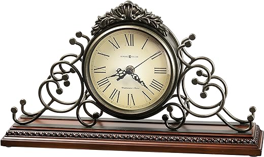 Howard Miller Adelaide Mantel Clock 635-130 – Wrought-Iron Frame, Antique Warm-Grey Finish, Windsor Cherry Finish, Decorative Molding, Quartz Movement