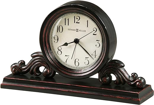 Howard Miller Bishop Table Clock 645-653 – Decorative Metal & Wood Worn Black Finish, Red Undertones, Vintage Home Decor, Felt Bottom, Quartz Alarm Movement