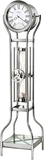 Howard Miller Combs Floor Clock II 549-113 - Polished Chrome Finish Metal Frame, Hourglass Accent, White Dial, Vertical Home Décor, Quartz Movement