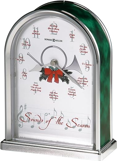 Howard Miller Sounds of The Season Christmas Table Clock 645-687 – Polished Silver Finish, Green Marble Tone Sides, Musical Timepiece with 12 Carols, Modern Home Décor, Quartz Movement