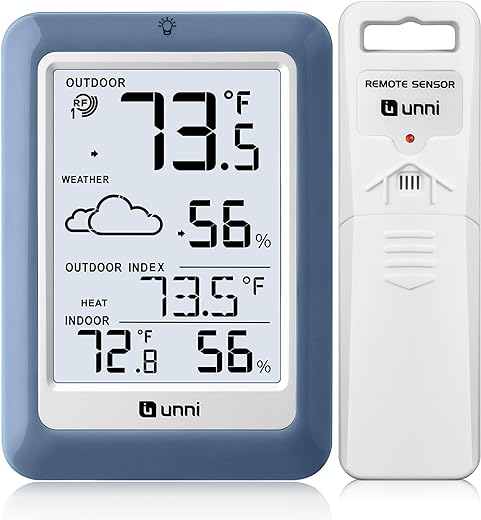 Indoor Thermometer Outdoor Hygrometer Wireless, Temperature Humidity Monitor Battery Powered Inside Outside Thermometers with 330ft Range Remote Sensor(Blue)