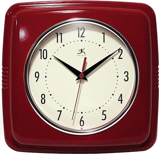 Infinity Instruments Retro Wall Clock - 9 Inch Square Clock - Silent Non-Ticking Mid Century Modern - Kitchen Clock Office Clock Diner Wall Clock - Vintage Wall Clock Decorative - Red