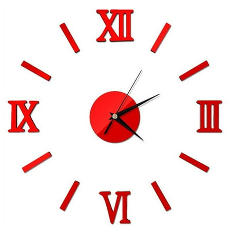 JANDEL Roman Numerals Frameless Large Acrylic Mirror Surface 3D DIY Wall Decor Clock Stickers, Red