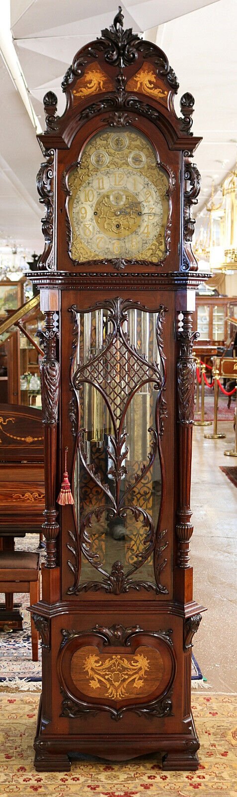 J.W Benson 19th Century 9 Tube Mahogany Inlaid Tall Case Grandfather Clock