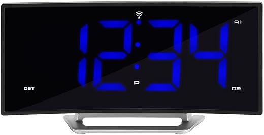 La Crosse Technology 617-249 1.8" Curved Blue Digital Atomic Dual Alarm Clock, 6.60" L x 1.55" W x 3.45" H, Black