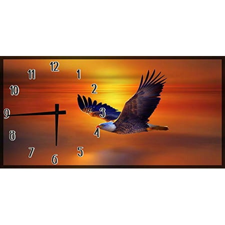 Large Clock American Bald Eagle Flying Orange Sky Man Cave Garage 24 X 12 Inch Art Decor