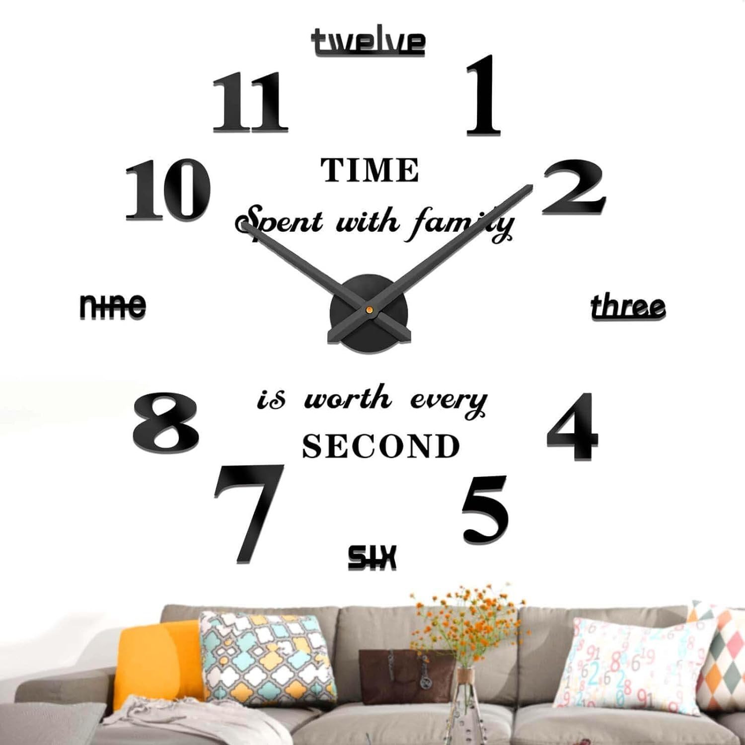 Large DIY Wall Clock Modern 3D Wall Clock with Mirror Numbers Stickers for Livin