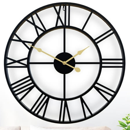 Large Wall Clock,20 inches Large Modern Black Metal Wall Clocks Farmhouse Clock, Silent Little Ticking Battery Operated Roman Numerals for Living Room/Bedroom/Kitchen Wall Decor