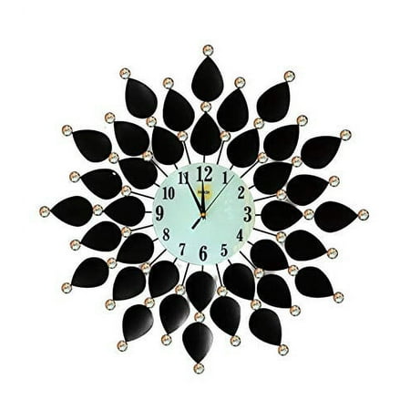 Large Wall Clock Black Leaf Metal Decorative Starburst Wall Accent Silent Clock 26'' White Glass Dial for Living Room,Bedroom,Kitchen