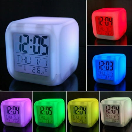 LED Alarm Clock 7 Colors Changing Digital Desk Gadget Digital Alarm Thermometer Night Glowing Cube led Clock Home;LED Alarm Clock Desk Digital Alarm Thermometer Glowing Cube Clock