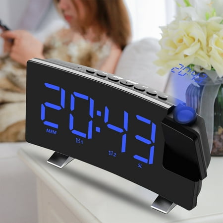 LED Alarm Clock with Projection, Digital Clock Radio for Bedroom, Battery Operated Dual Alarm Clock for Kids Elderly, Blue